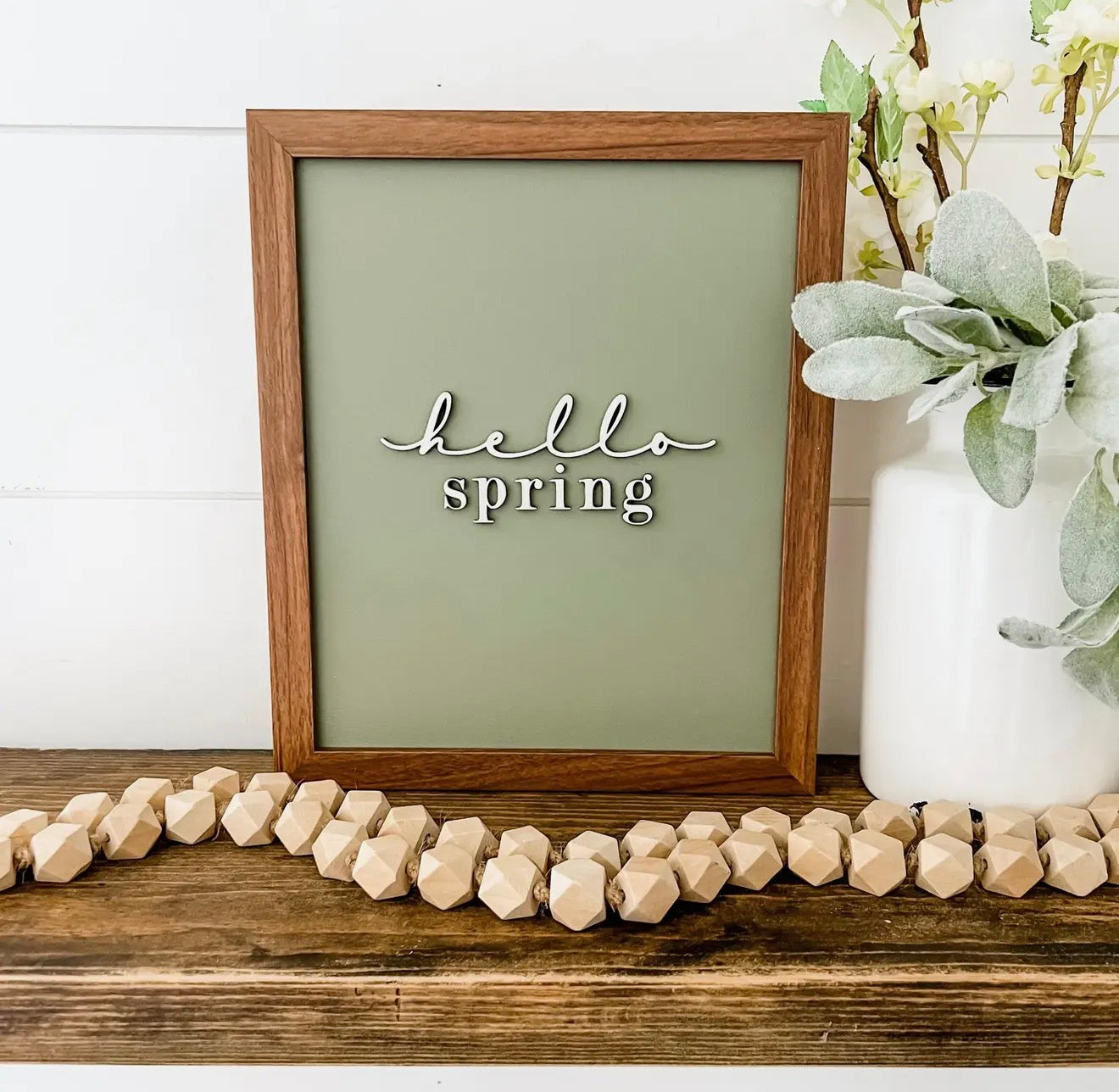Hello Spring Framed Wood Sign | Sage Green Spring Decor | Neutral Spring Home Decor