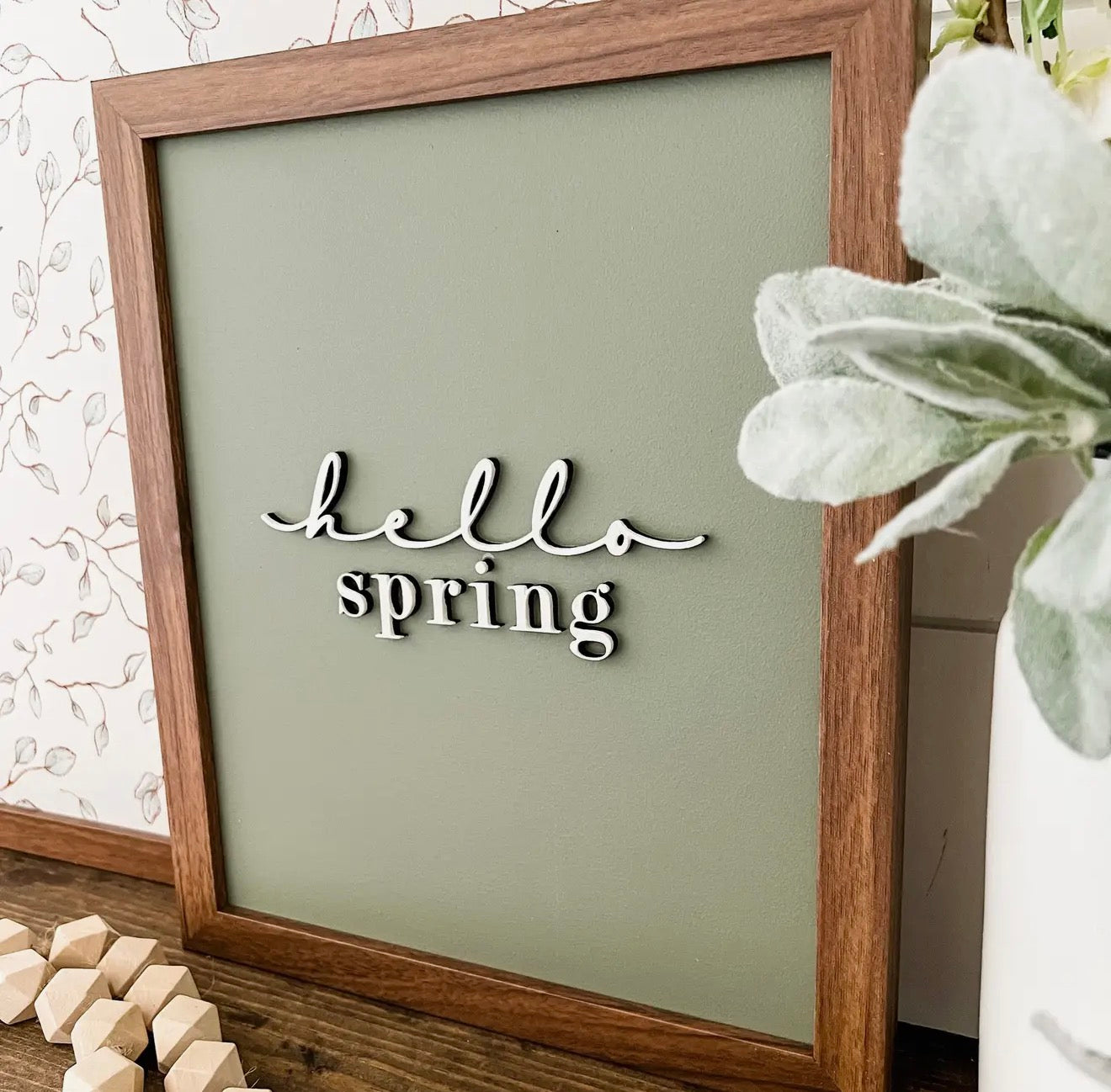 Hello Spring Framed Wood Sign | Sage Green Spring Decor | Neutral Spring Home Decor
